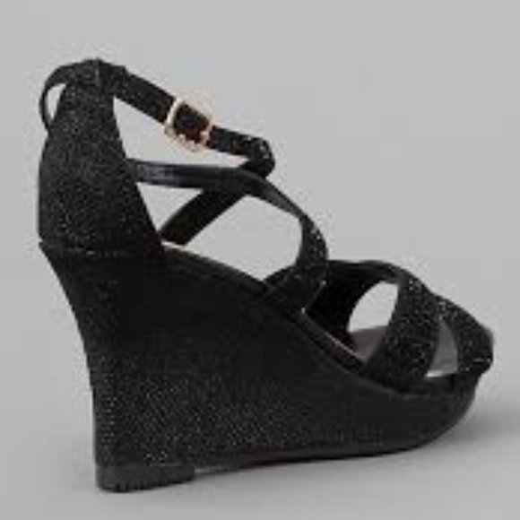 🆕 Black Glitter Open Toe Wedges, Size 9 - Picture 2 of 13